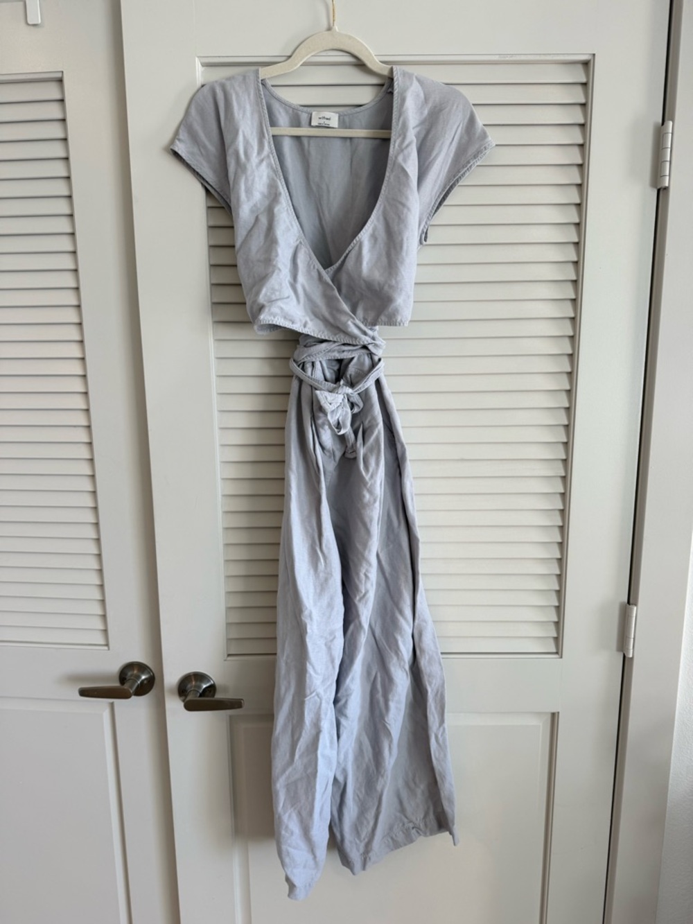 Wilfred Light Gray Linen Wrap Wide-Legged Jumpsuit with Tie Waist
